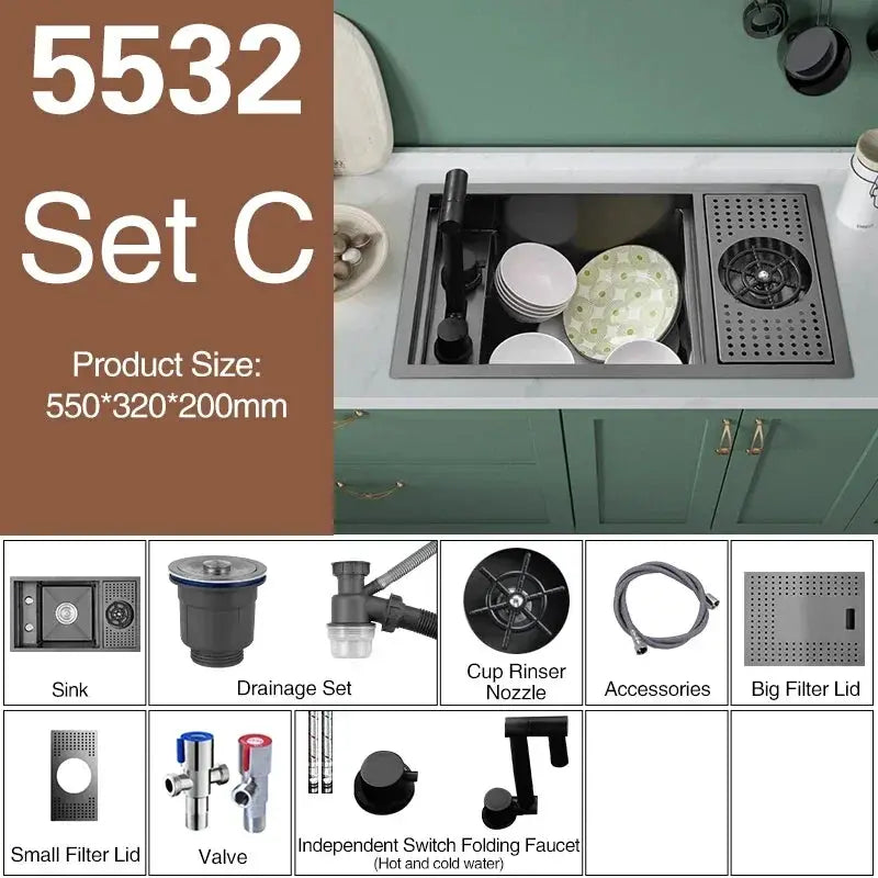 ASRAS Nano Black kitchen sink set with lifting faucet, single-bowl Simples Market
