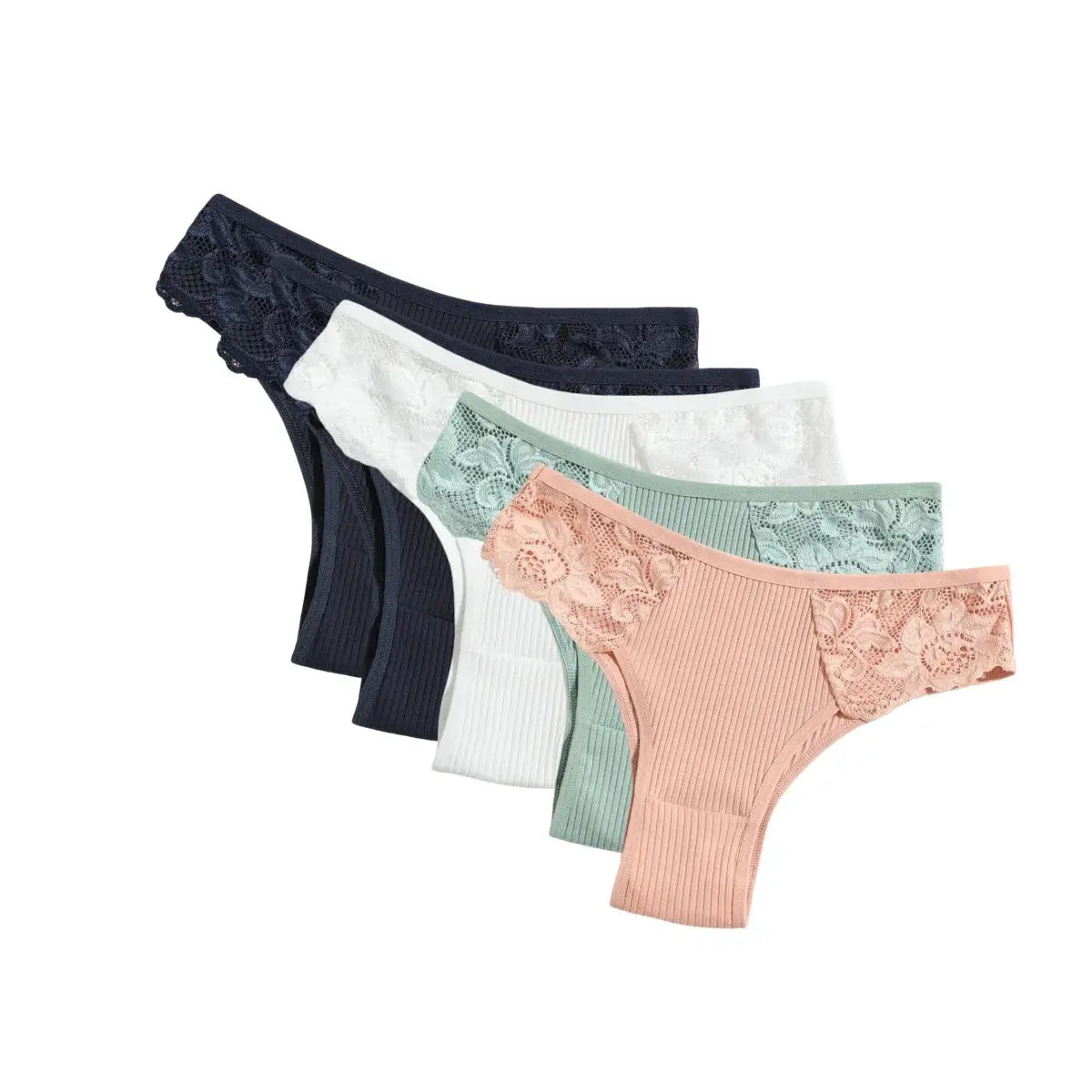 Simples Market 5-pack women’s cotton panties with lace side panels; ribbed low-rise briefs in navy, white, mint, peach.