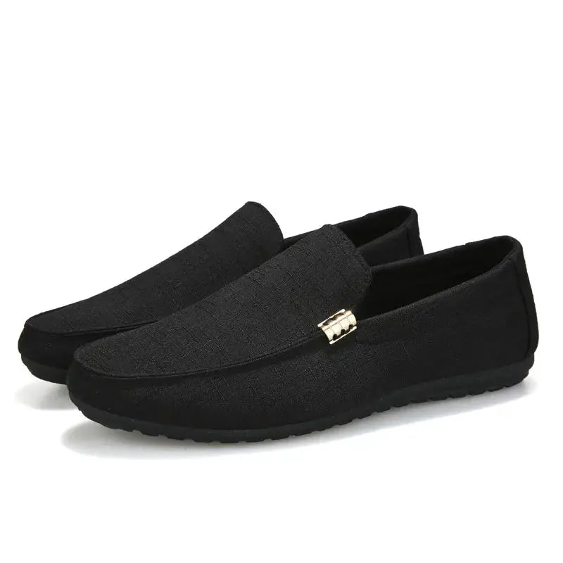 Men black canvas slip-on loafers with gold-tone hardware, Simples Market pair.