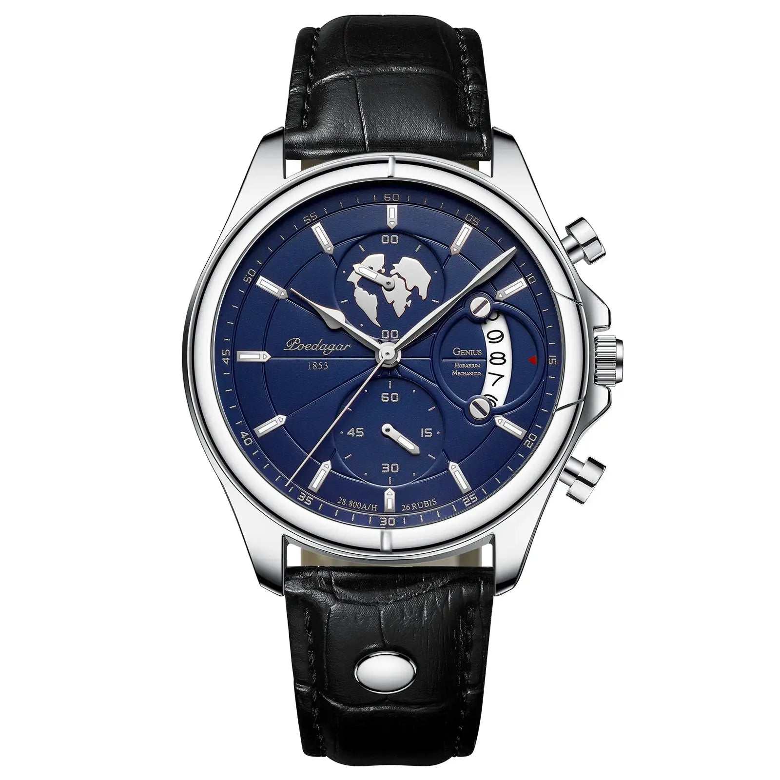 Poedagar luxury men's wristwatch with blue dial, chronograph, leather strap, stainless steel case