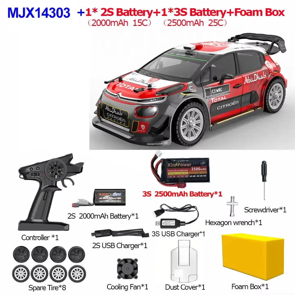 MJX14303 1/14 RC Drift Car kit with 2.4G radio, brushless 4WD; includes controller, batteries, chargers, 8 spare tires