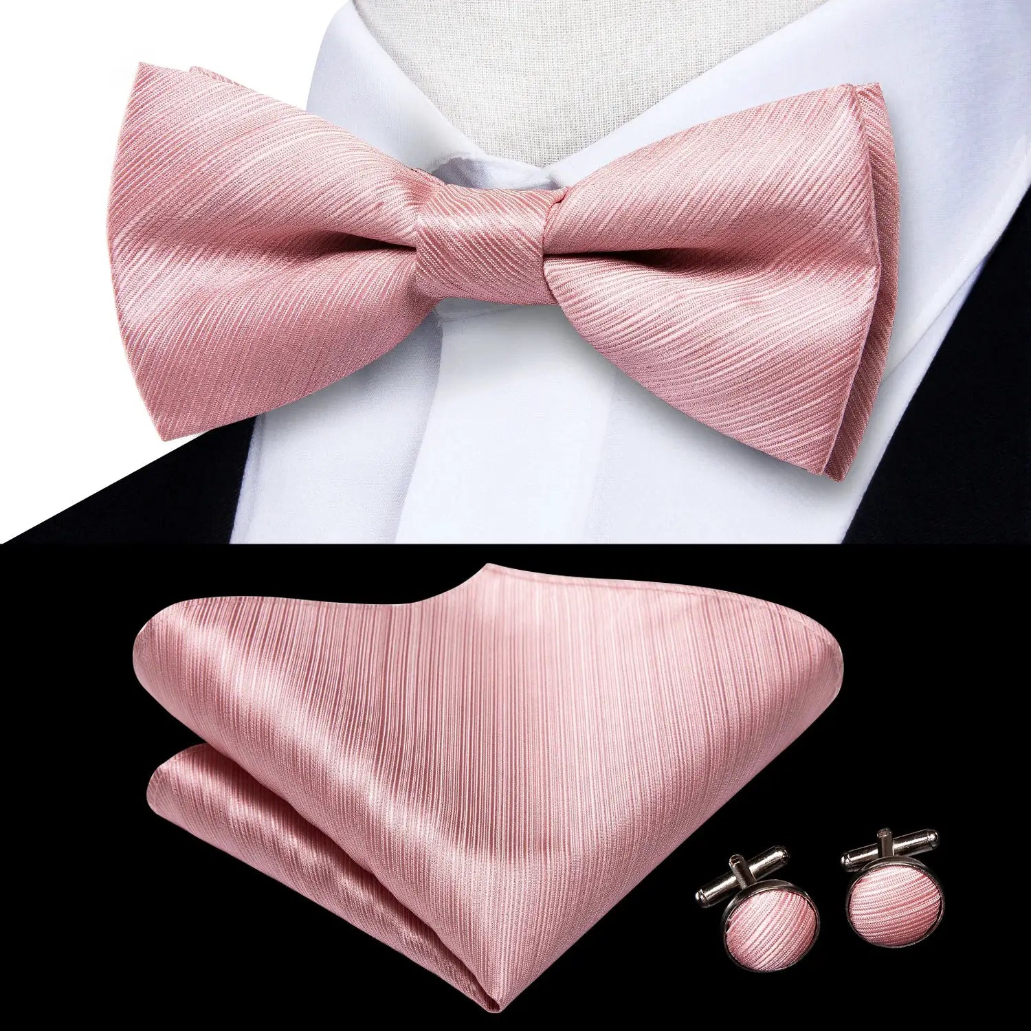 Pink satin bow tie set with matching pocket square and cufflinks for men