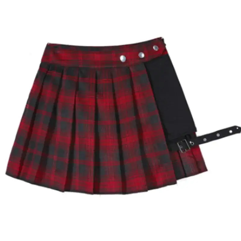 Harajuku punk plaid mini skirt with red-black tartan, black side panel, belt, high-waist