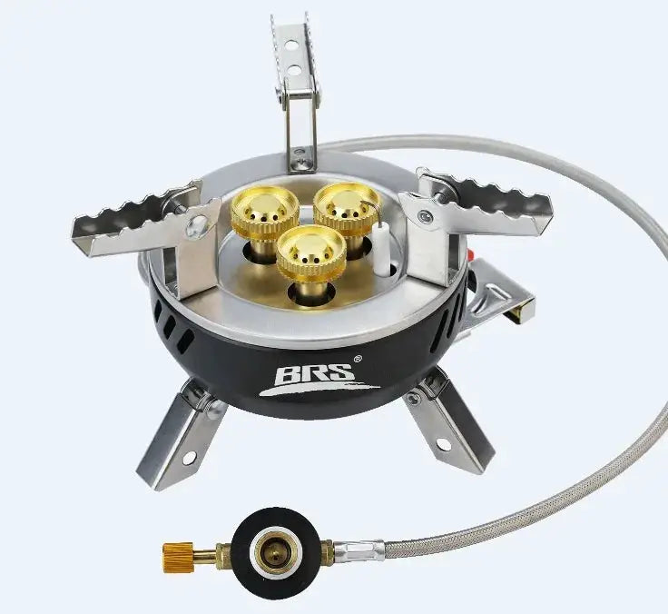 BRS outdoor folding gas stove with three brass burners, black body and braided regulator hose