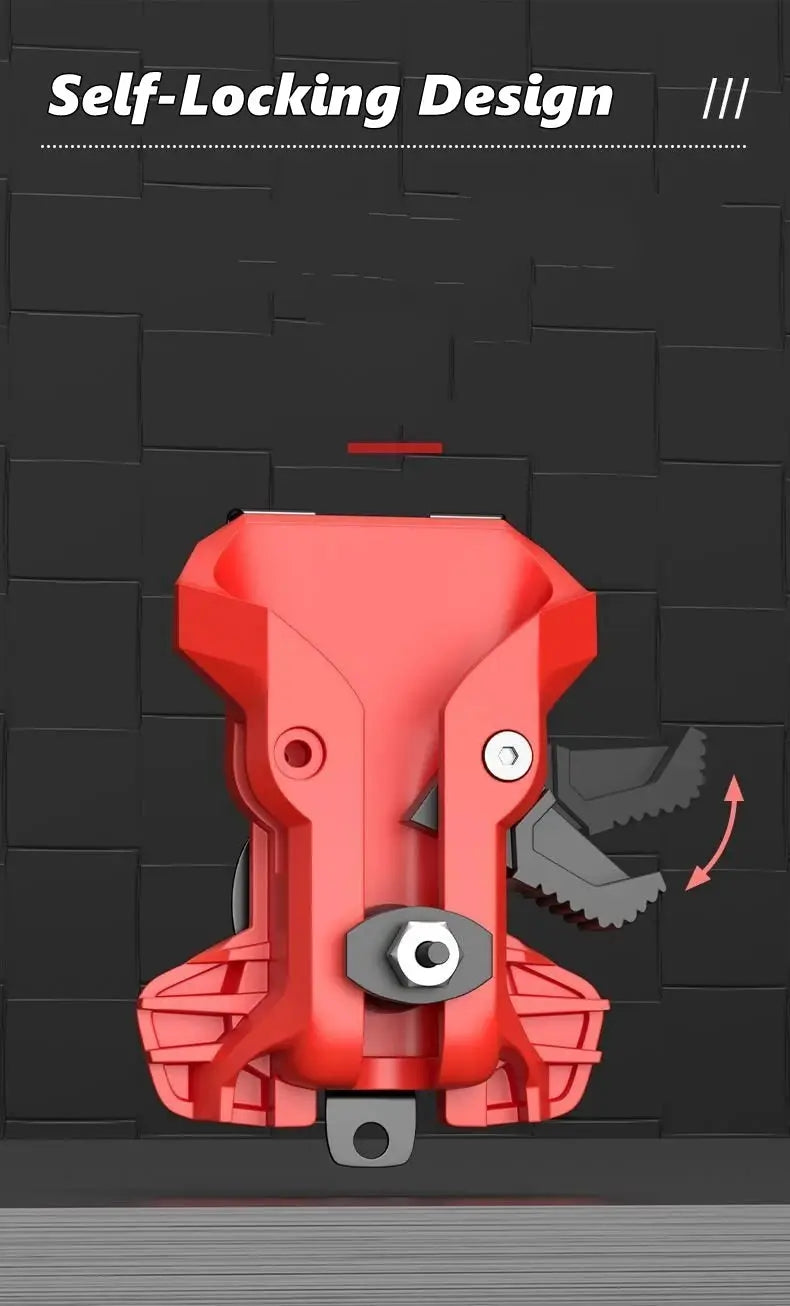 Self-locking drill holder in red with belt clip and quick-release for portable tools