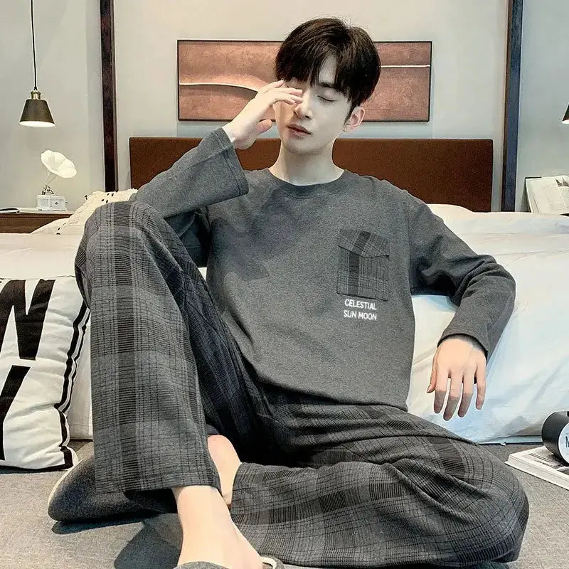 2PCS/Set Men Pajamas Long-Sleeved Korean Version of the Simple Button down Tops and Pants Nightwear Homewear Plaid Sleepwear