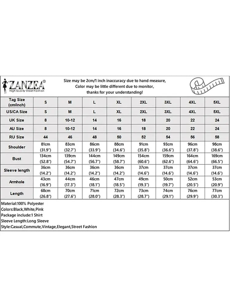 ZANZEA shirt size chart with S–5XL, measurements; 100% polyester fabric, colors Black, White, Pink
