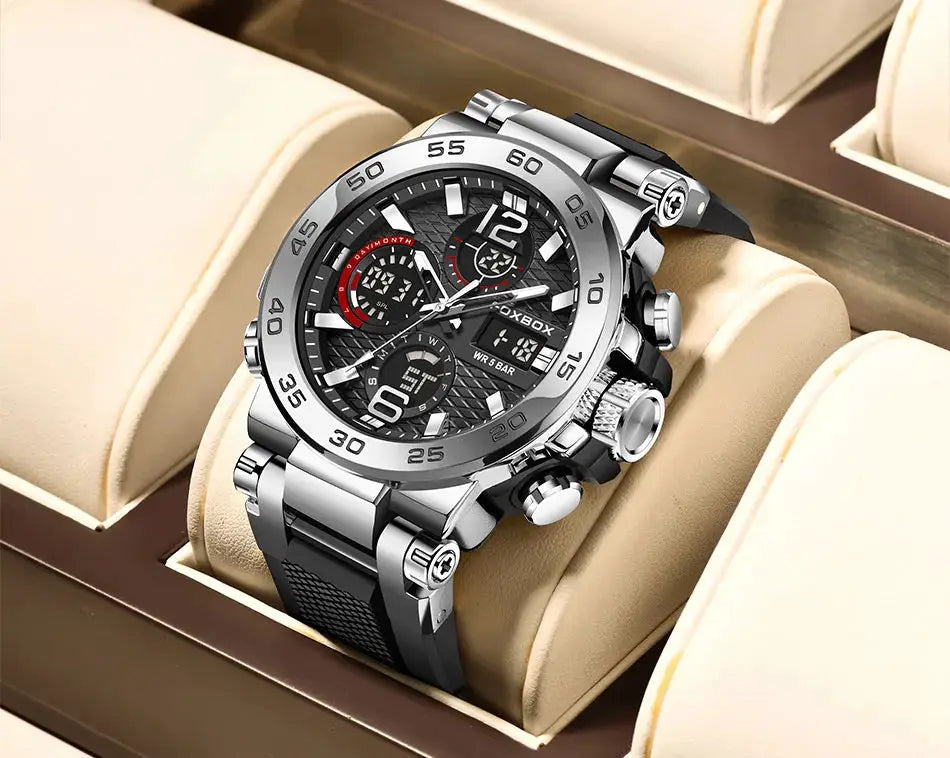 FOXBOX Sport men's digital chronograph watch with large silver stainless-steel case and black strap