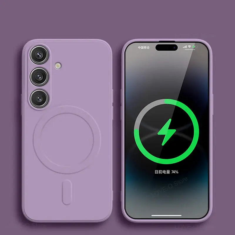 Purple MagSafe wireless charging case for Samsung Galaxy S25/S26/S24/S23 Ultra Plus FE, liquid silicone cover