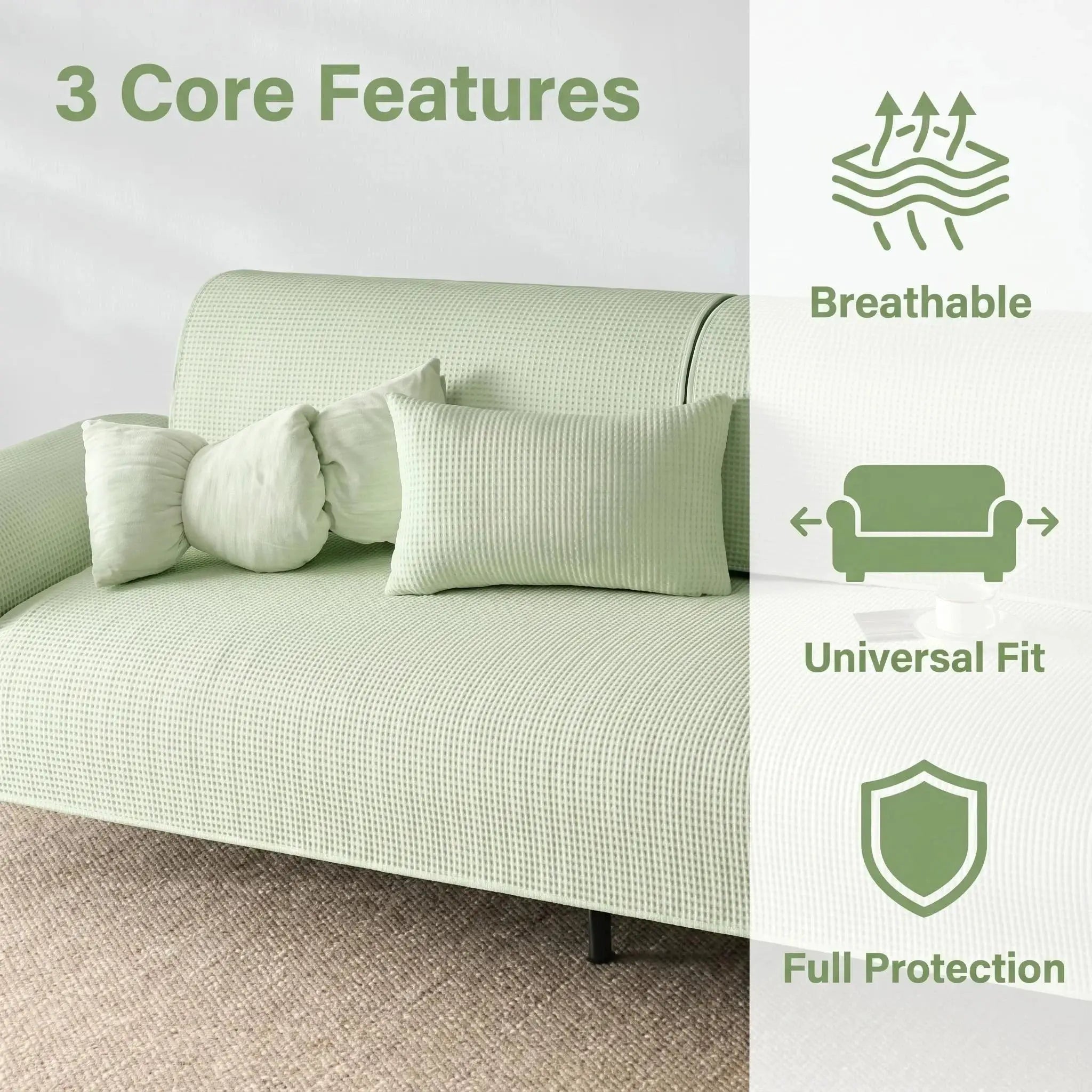 Summer Cooling Touch anti-slip sofa cover by Simples Market in sage green; universal fit for 1–4 seat sofas