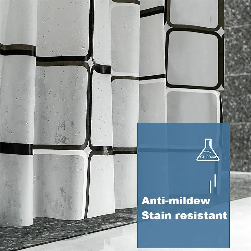 Simples Market bathroom shower curtain with hooks, geometric white/gray panels, anti-mildew stain-resistant