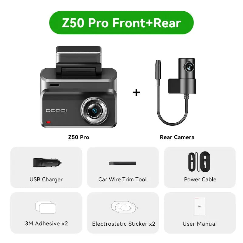 DDPAI Z50 Pro dash cam front+rear, 4K UHD, 3in IPS display, GPS, ADAS; includes 6 accessories