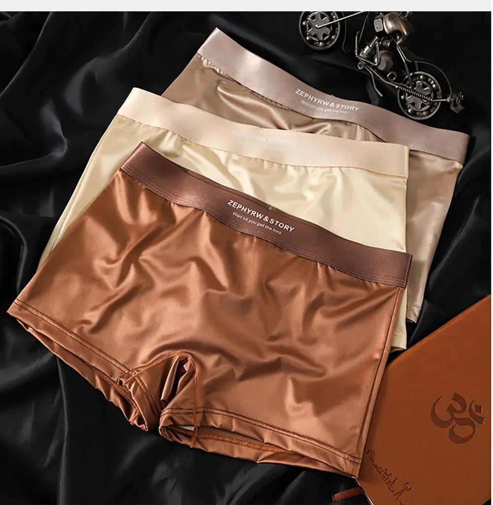 3-pack satin-like ice silk women's panties in copper brown, beige, and ivory; Simples Market briefs