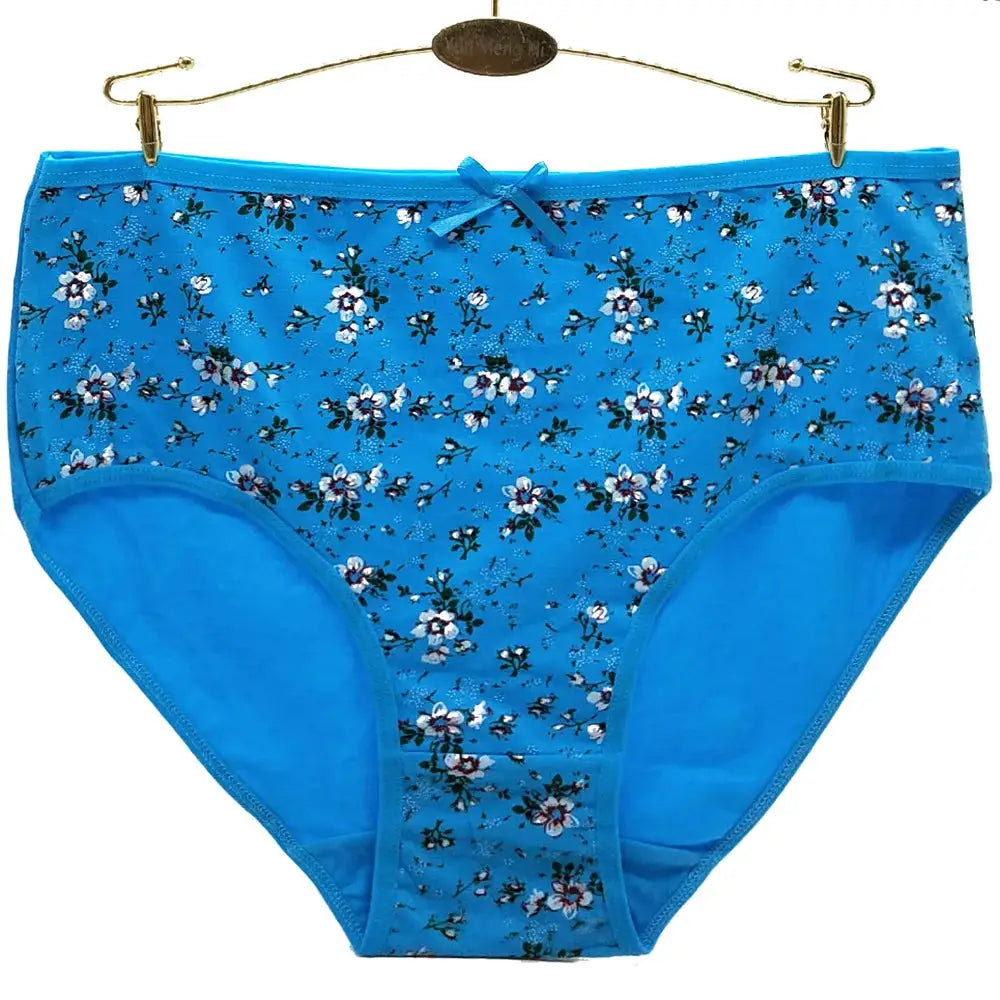 Cotton mid-rise women's panties in blue floral butterfly print with a small bow
