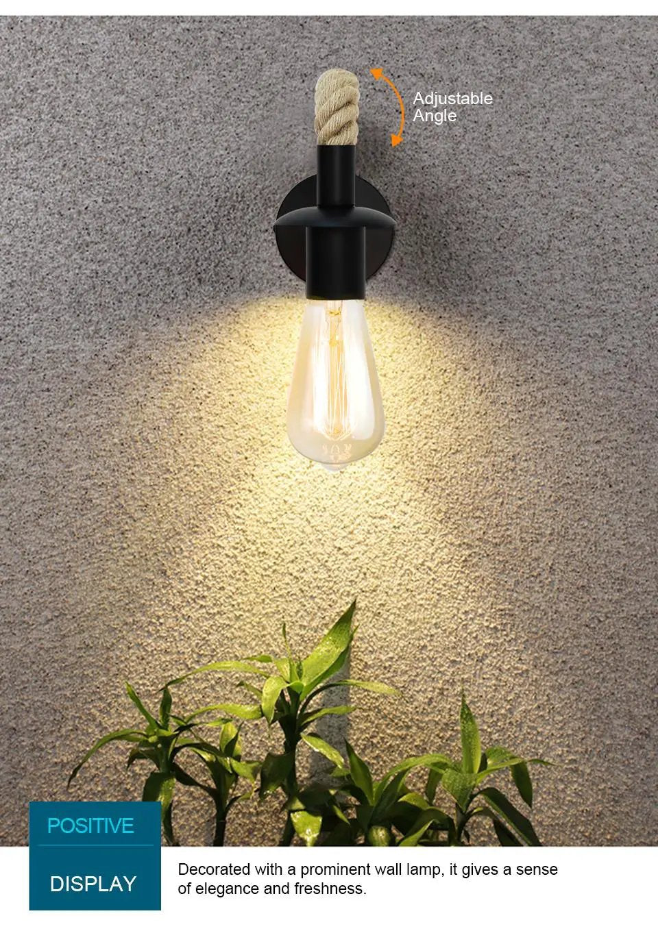 Simples Market retro hemp rope E27 Edison bulb iron wall lamp with adjustable angle for indoor loft decor