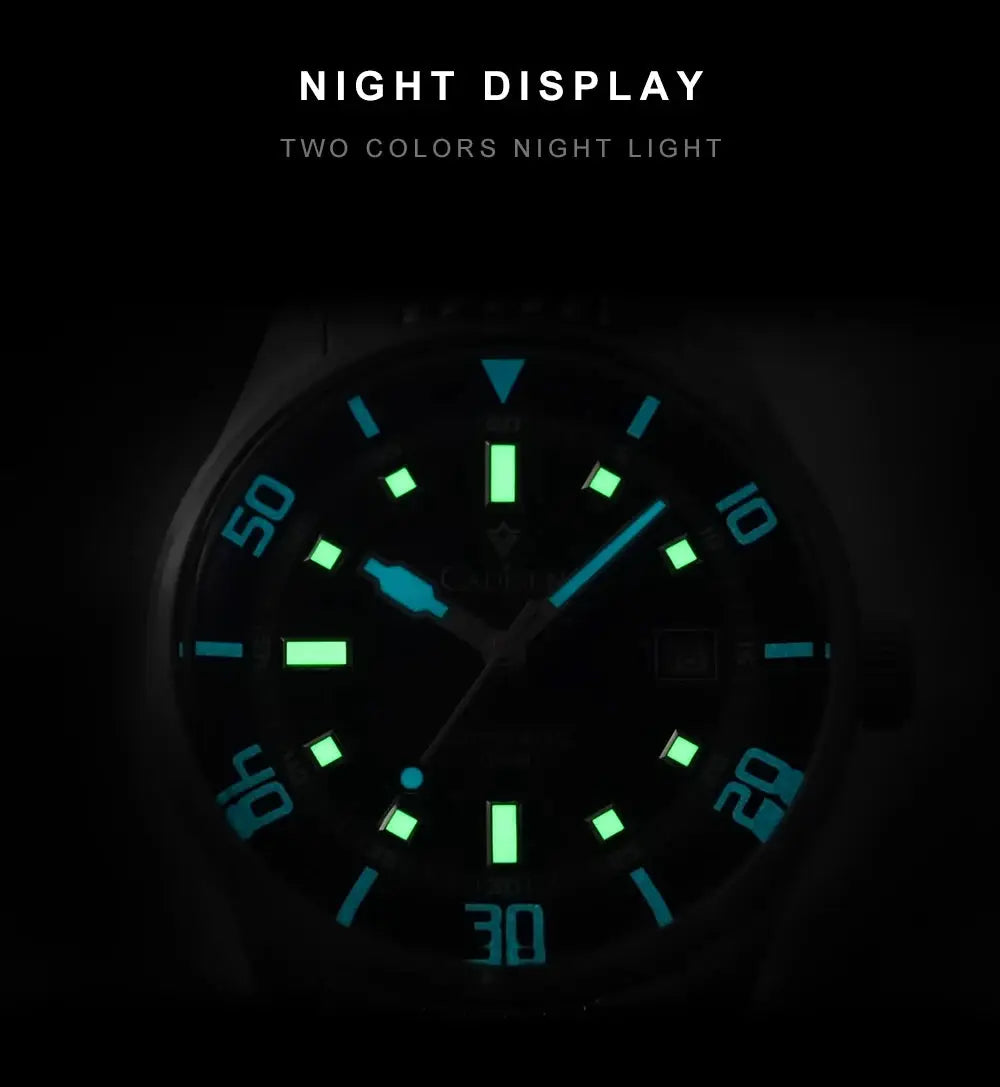 Cadisen automatic men's watch, silver case with two-color luminous markers in night display