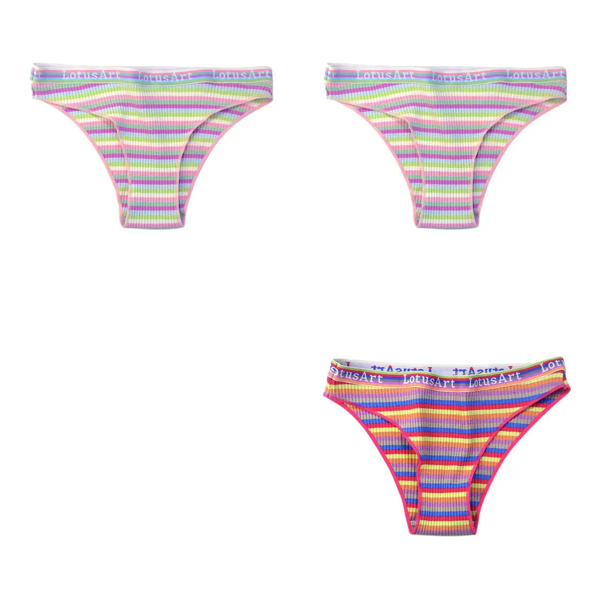 3-pack cotton women's panties with pastel rainbow stripes; low-rise briefs, LotusArt waistband