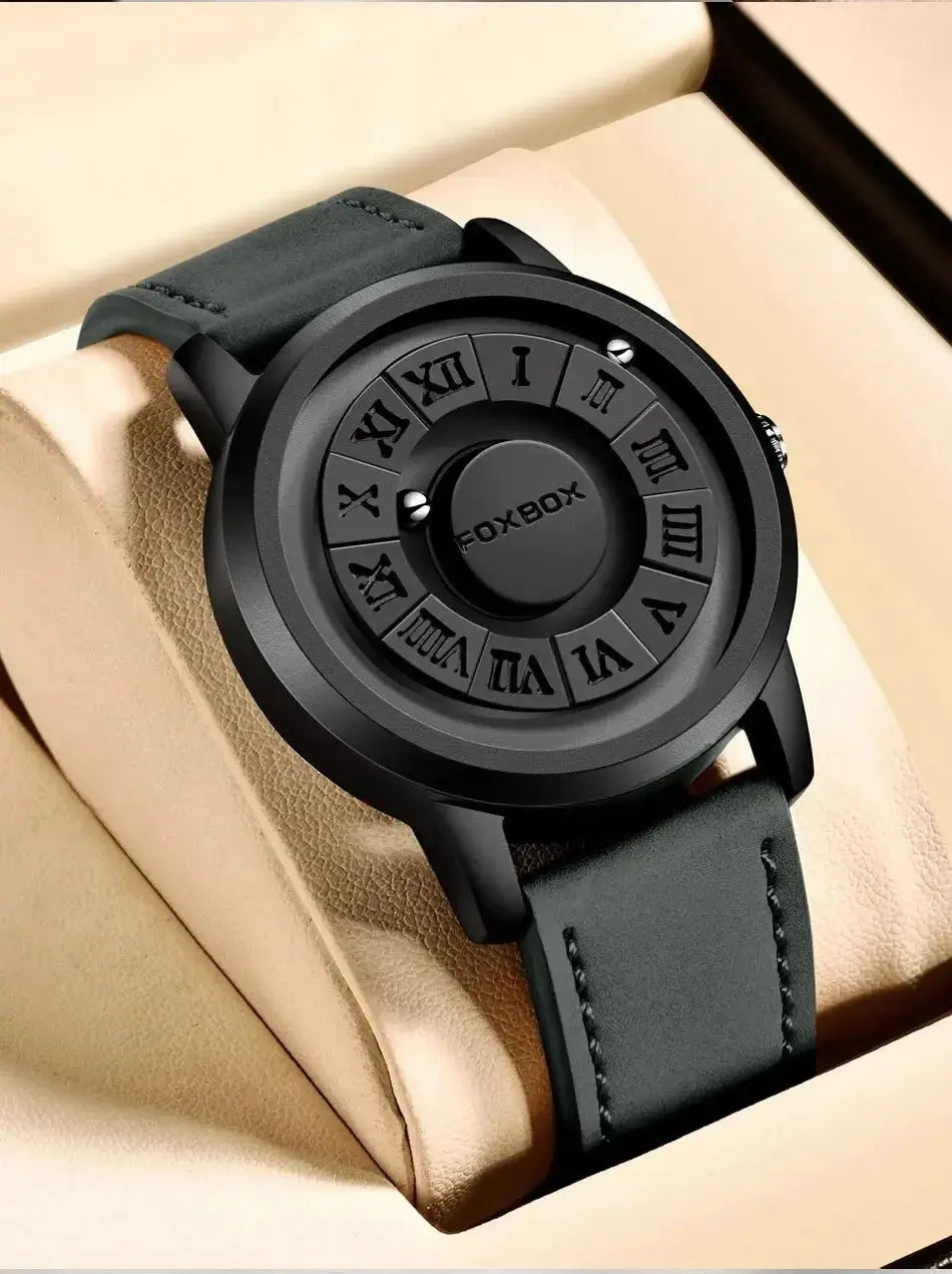 FOXBOX Watch by Simples Market, black round quartz watch with Roman numeral dial and leather strap.