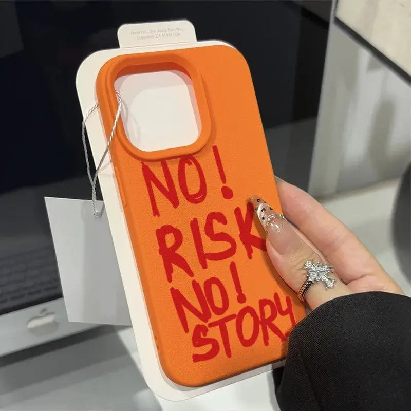 Phone case orange shockproof bumper for iPhone with bold NO! RISK NO! STORY lettering