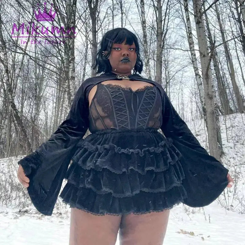 Harajuku Lolita lantern shorts with sheer corset-style top in black, worn by a model in snowy woods