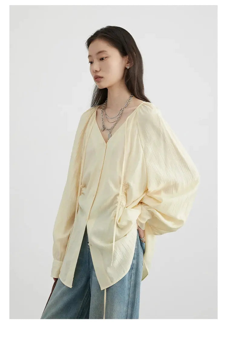 CHIC VEN women's loose lace-up cream blouse with V-neck and voluminous raglan sleeves