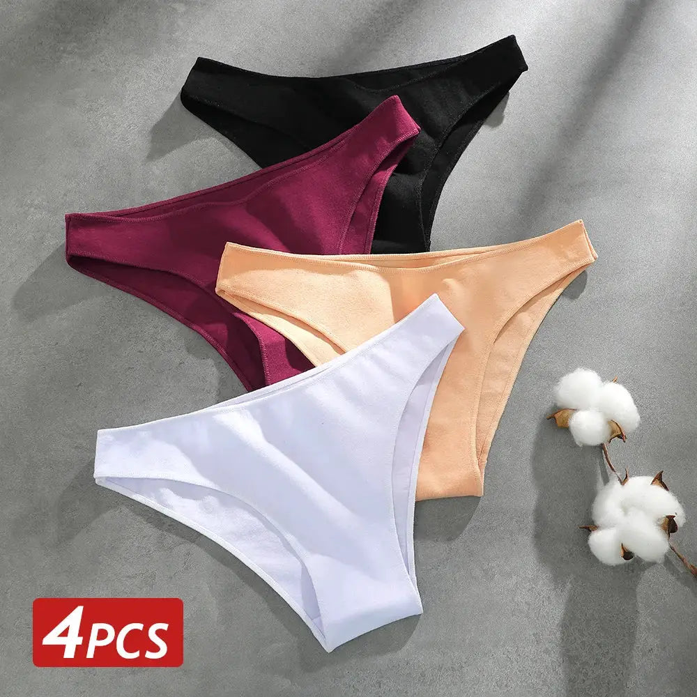 4-pack seamless cotton women's panties in white, peach, burgundy, and black; low-rise breathable briefs.