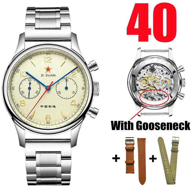Red Star 38mm men's chronograph pilot watch by Simples Market with stainless steel bracelet and Seagull ST1901 movement
