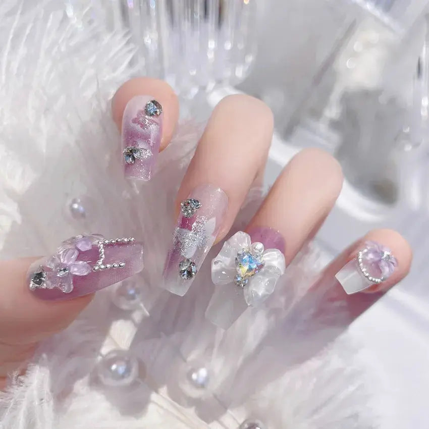 LuxeNail Blush Pink False Nails Bowknot Diamond Pearl Design Press On Nail Tips Harmless Smooth Edge Safe DIY Mani