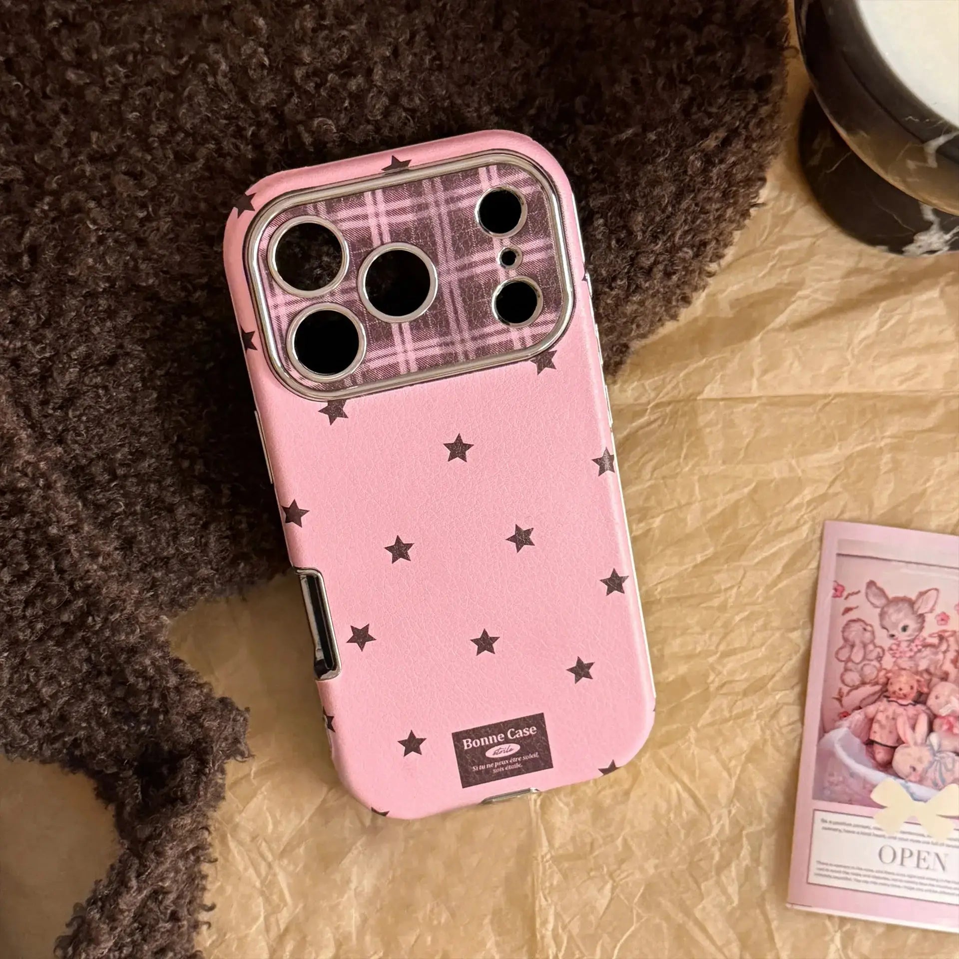 Korean retro stars leather-texture phone case in pink with plaid inner for iPhone, shockproof with pendant, Bonne Case