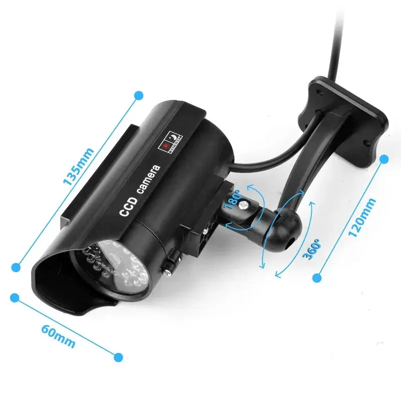 ALARMEST fake CCTV camera with flashing red LED, black waterproof dummy security camera for outdoor indoor use