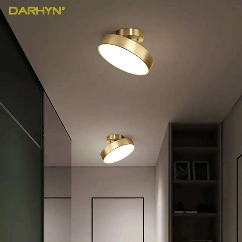 Darhyn copper-finish round LED ceiling lights; two modern hallway fixtures
