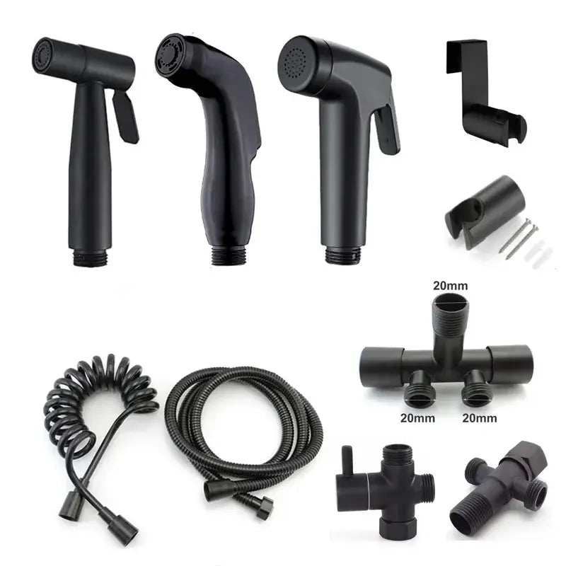 9-piece handheld black bidet spray gun kit by Simples Market with hoses and mounting hardware