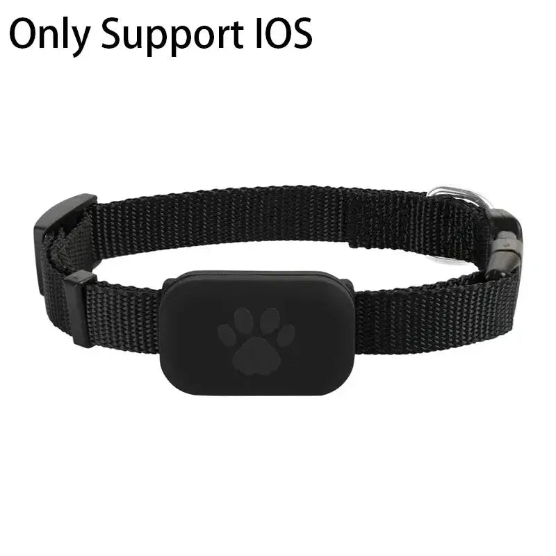 Remote pet GPS tracker on black adjustable collar with paw-print module, waterproof real-time tracking