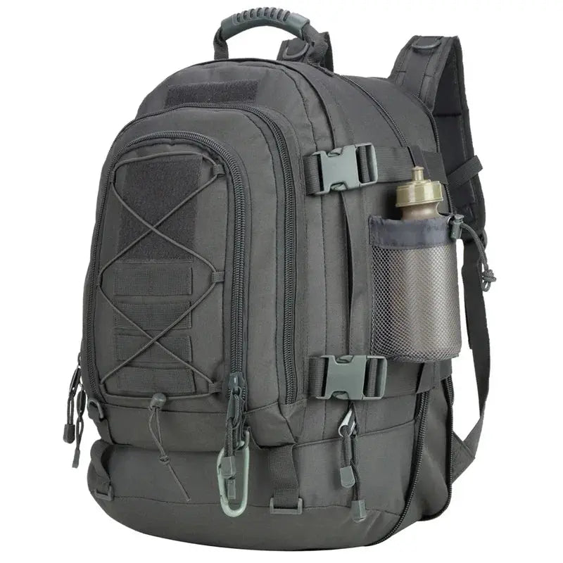 Gray tactical backpack with MOLLE exterior, side water bottle pouch, and multiple compartments for outdoor use