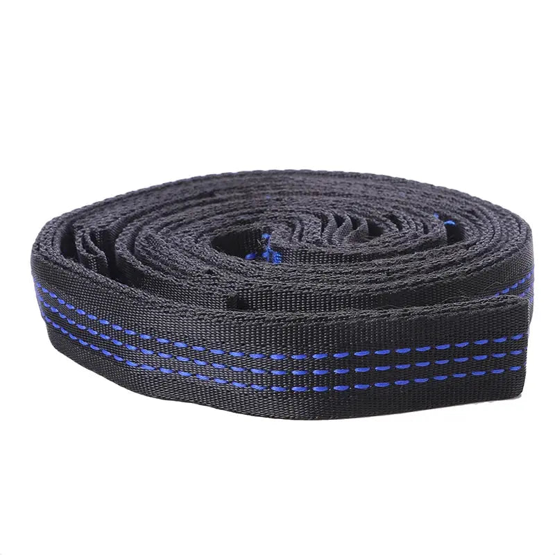 2-pack hammock straps with 600 lbs breaking strength, black polyester with blue stitching