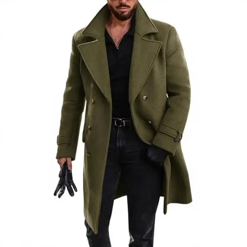 Men's olive green wool-blend thick double-breasted long trench coat with turn-down collar.