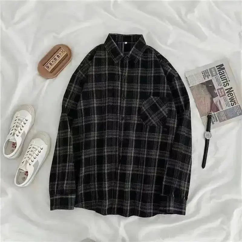 Vintage Plaid Oversize Button Up Shirt For Women Autumn Long Sleeve Korean Fashion Casual Fall Outwear Tops