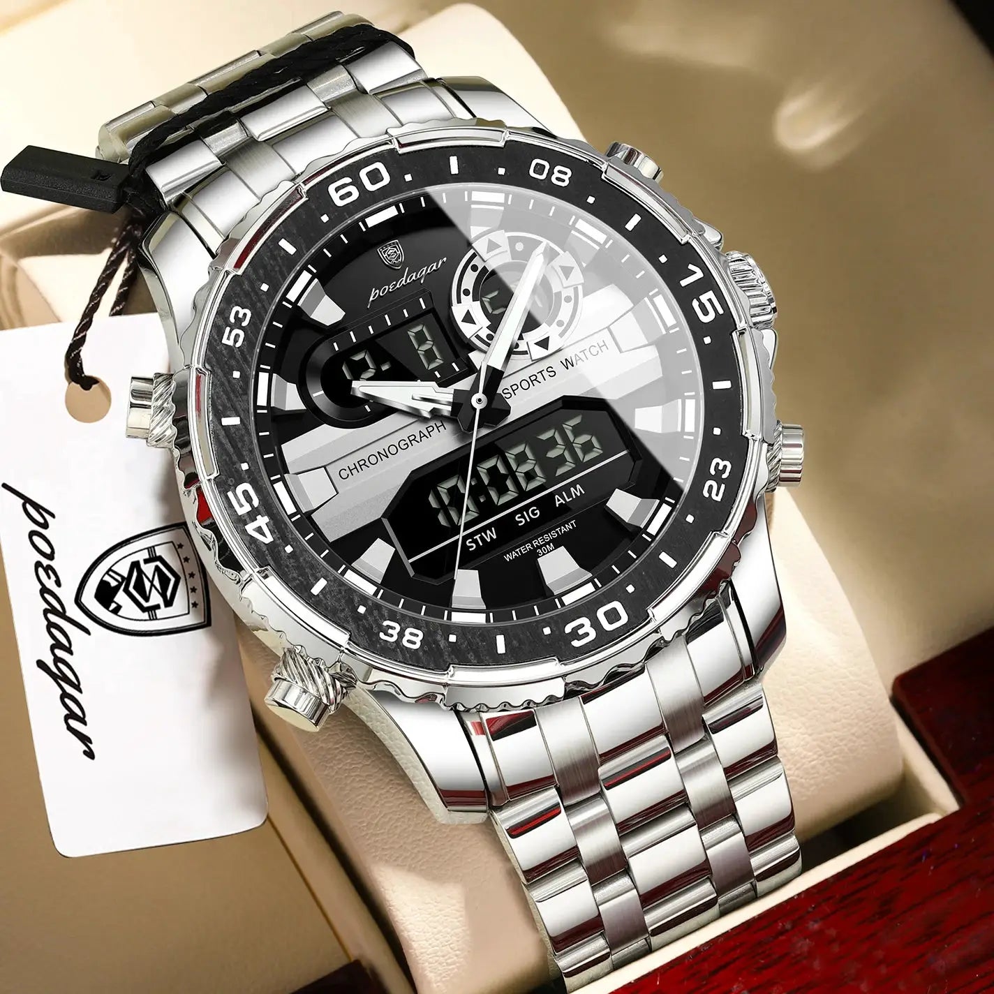POEDAGAR men's silver-tone stainless steel digital-analog sports watch with LED and dual time display