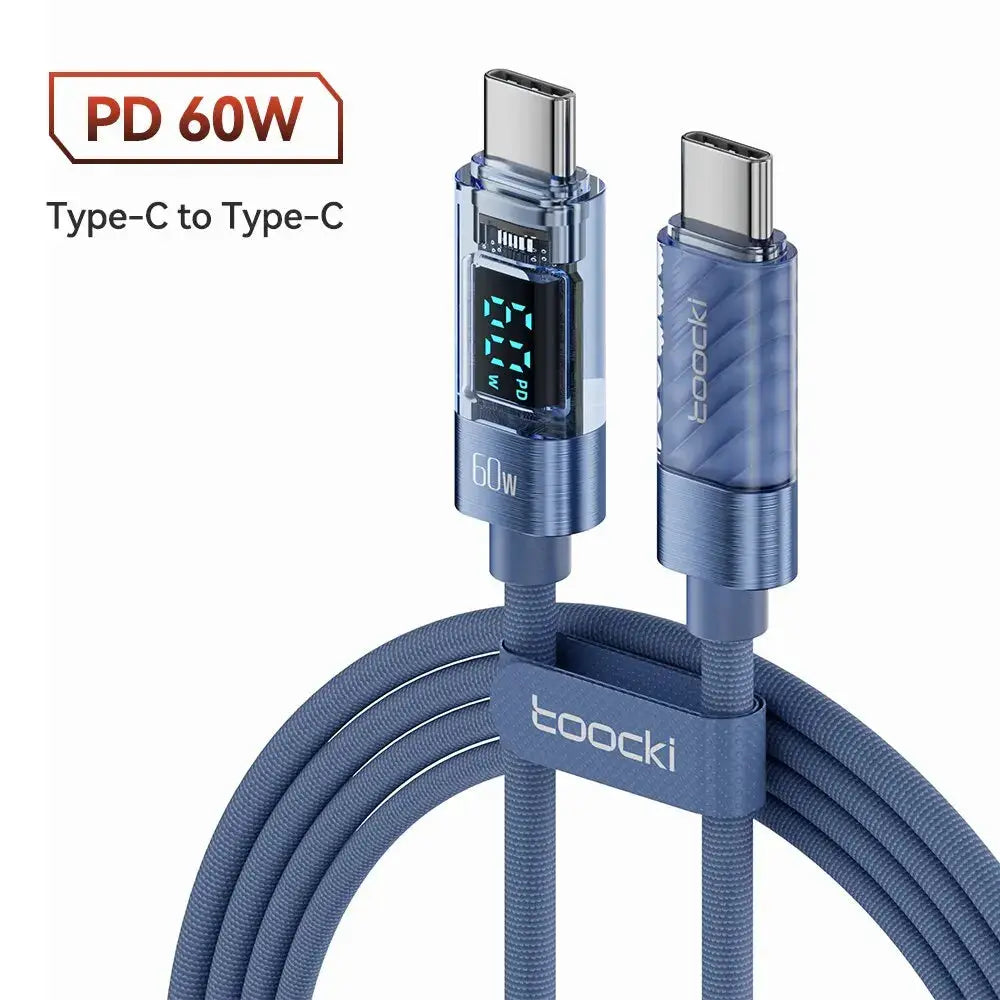 Toocki USB-C to USB-C cable, blue braided transparent design with 60W PD display