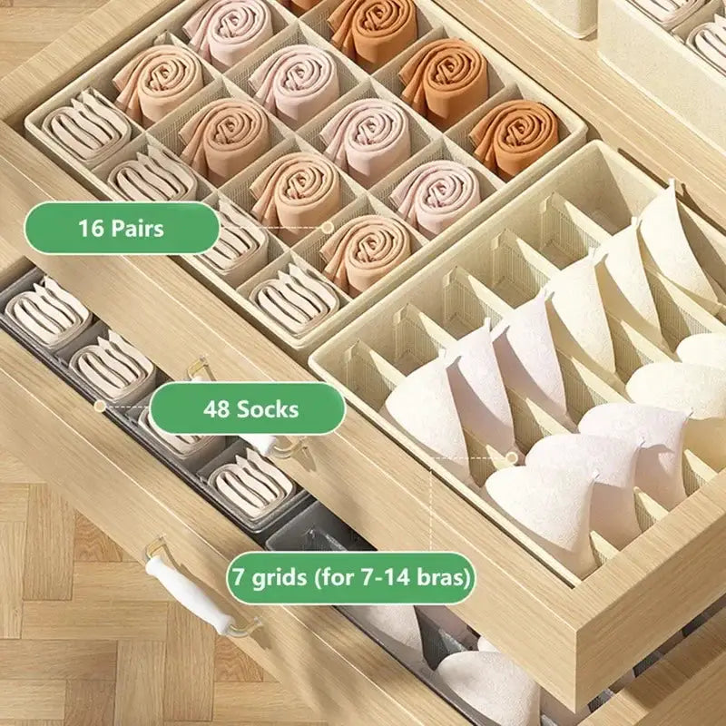 Wooden drawer sports bra underwear organizer with 7 grids for bras and sock sections, 16 pairs and 48 socks
