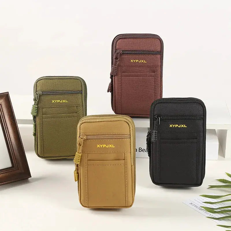 Men's waist packs four-pack in black, olive green, tan and brown with yellow logo