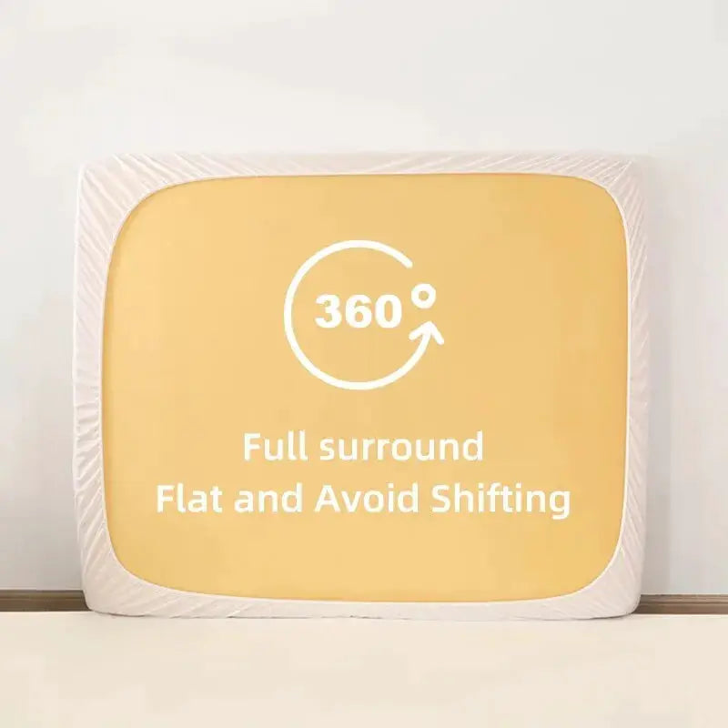 Waterproof mattress protector by Simples Market; white border with yellow center panel and 360° full surround