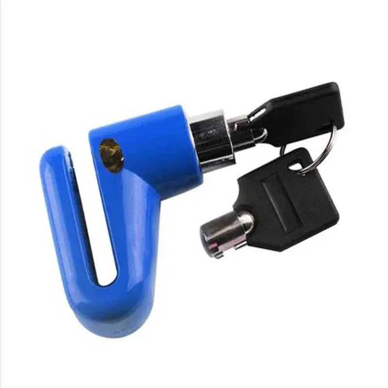 Motorcycle disc brake lock by Simples Market, blue steel body with key