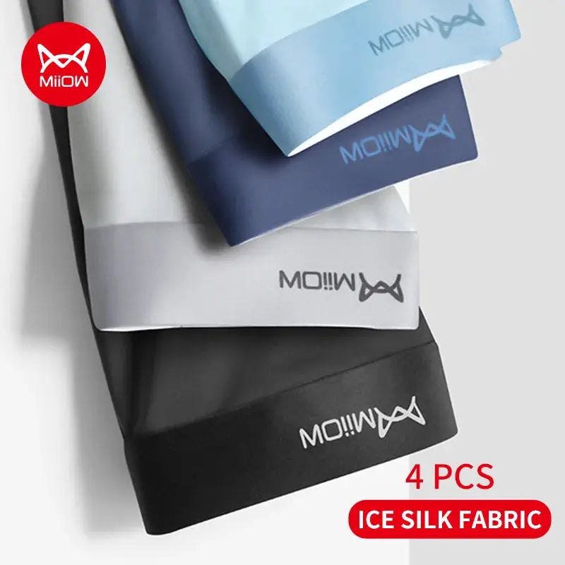 MiiOW men's boxer shorts 4-piece set in ice silk fabric with graphene antibacterial, seamless breathable underwear.