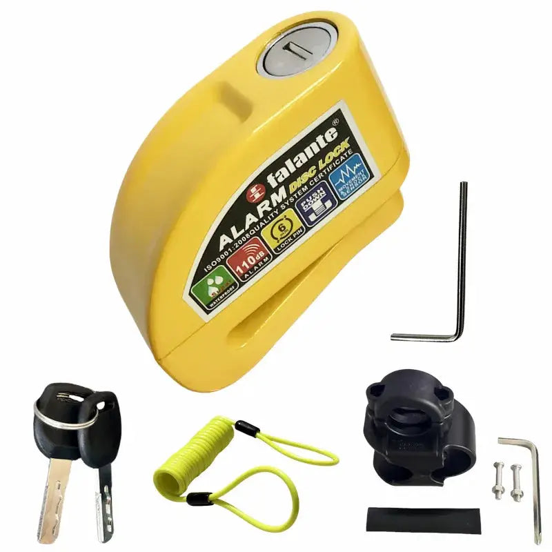 Falante alarm disc lock for motorcycle; yellow housing with keys, reminder rope, lock bracket, screws and Allen wrench