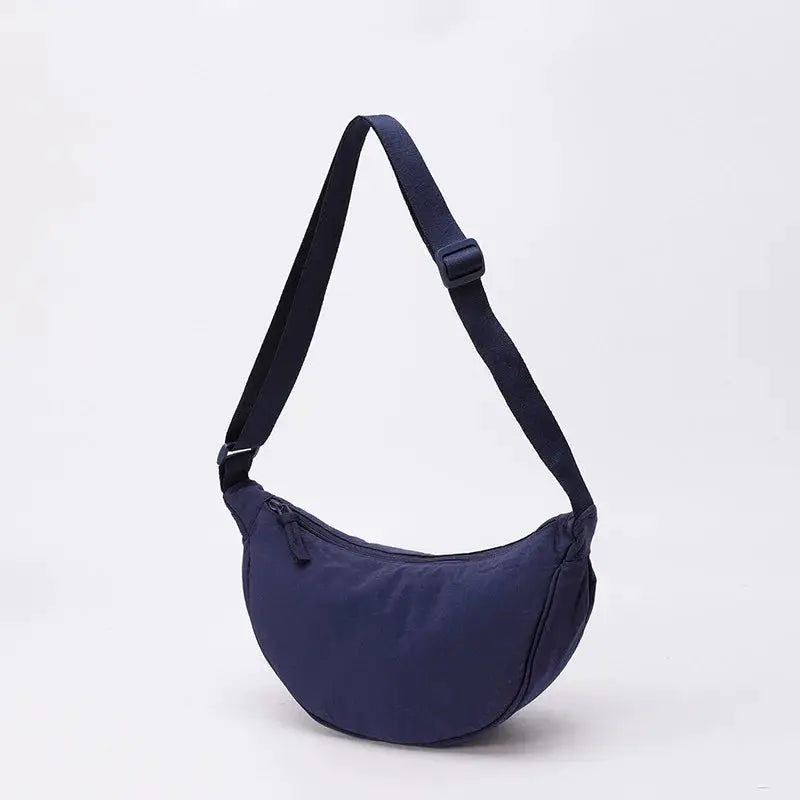 Nylon fabric zipper crossbody bag, navy crescent dumpling style with large capacity, Simples Market