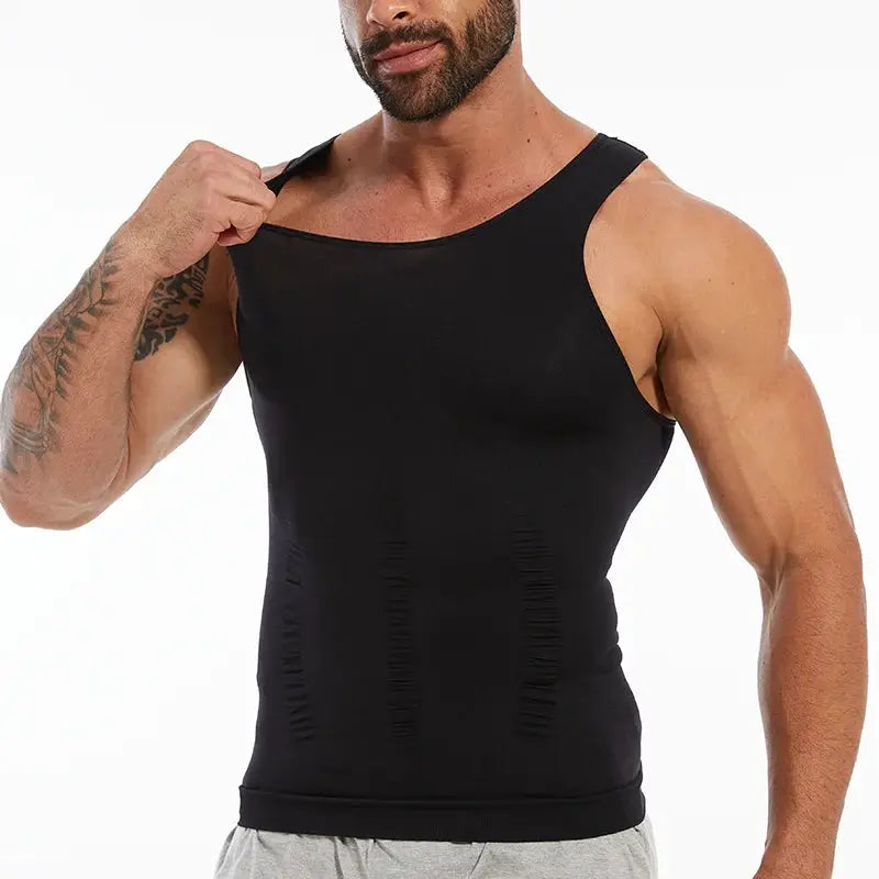 Men's black sleeveless shapewear compression tank top with wide straps, breathable fabric for abdomen and back support