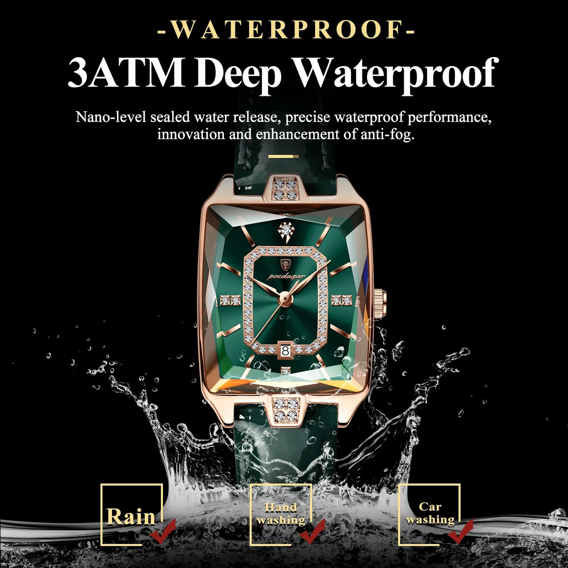 POEDAGAR luxury women's wristwatch with green dial, diamond bezel, rose-gold case, leather strap, 3ATM waterproof