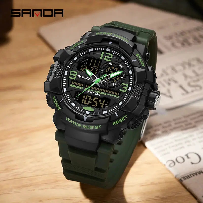 SANDA dual-display men's sport watch with green accents, black rugged case and green silicone strap