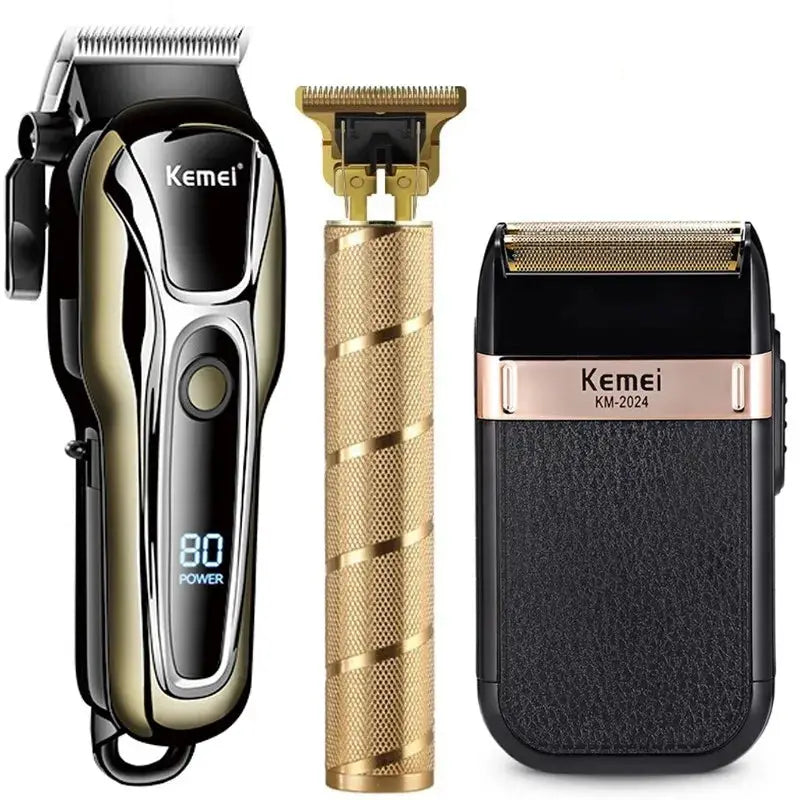 Electric hair trimmer kit, three-piece wireless barber set with gold-toned clipper and KM-2024 shaver by Kemei